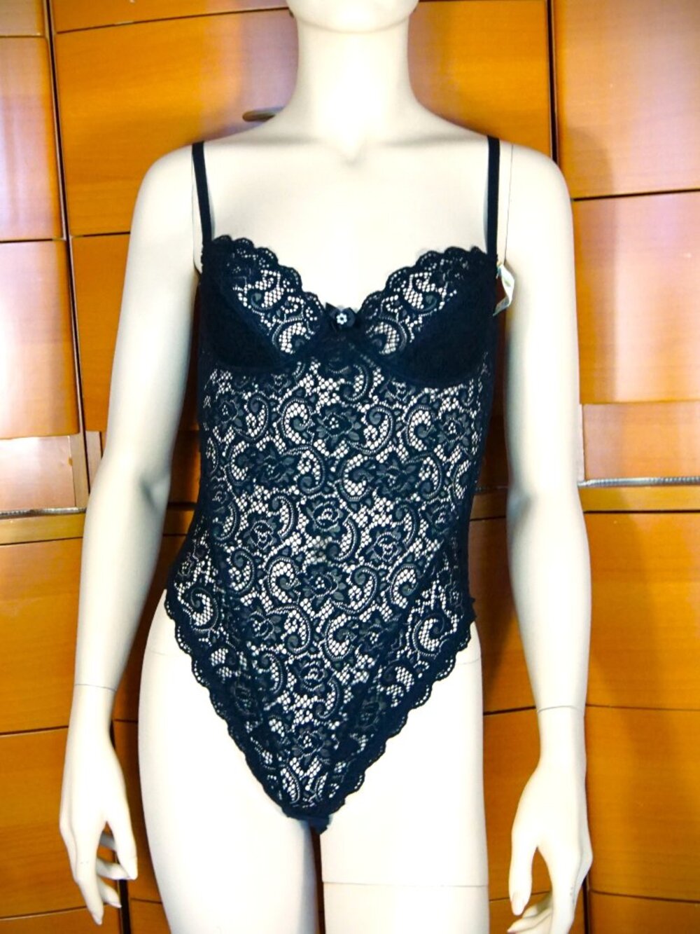Black Floral Lace Bodysuit Lingerie Underwired Bra 34A RARE New Vintage 1990's